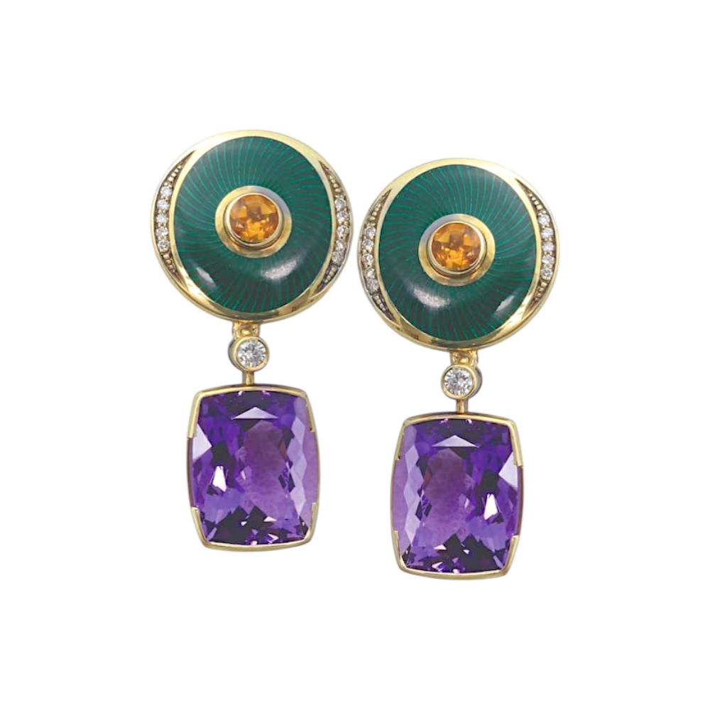 Серьги с аметистом и горячей эмалью "Гильоше"