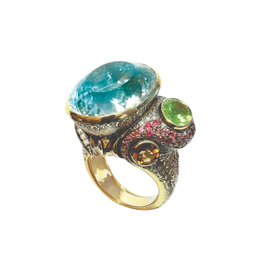 Кольцо с аквамарином, турмалином, хризолитом и бриллиантами