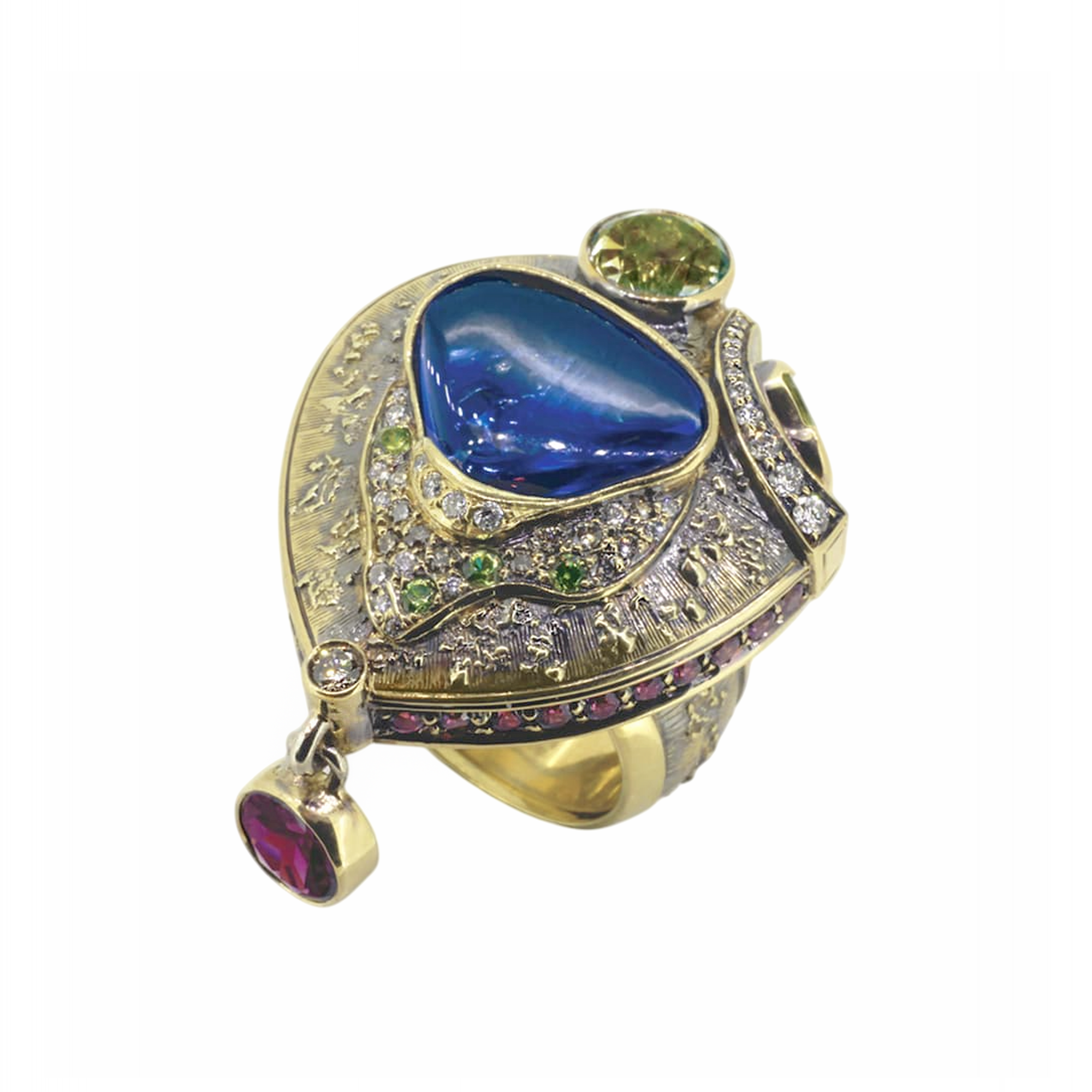 Кольцо с сапфиром, рубеллитом и турмалином