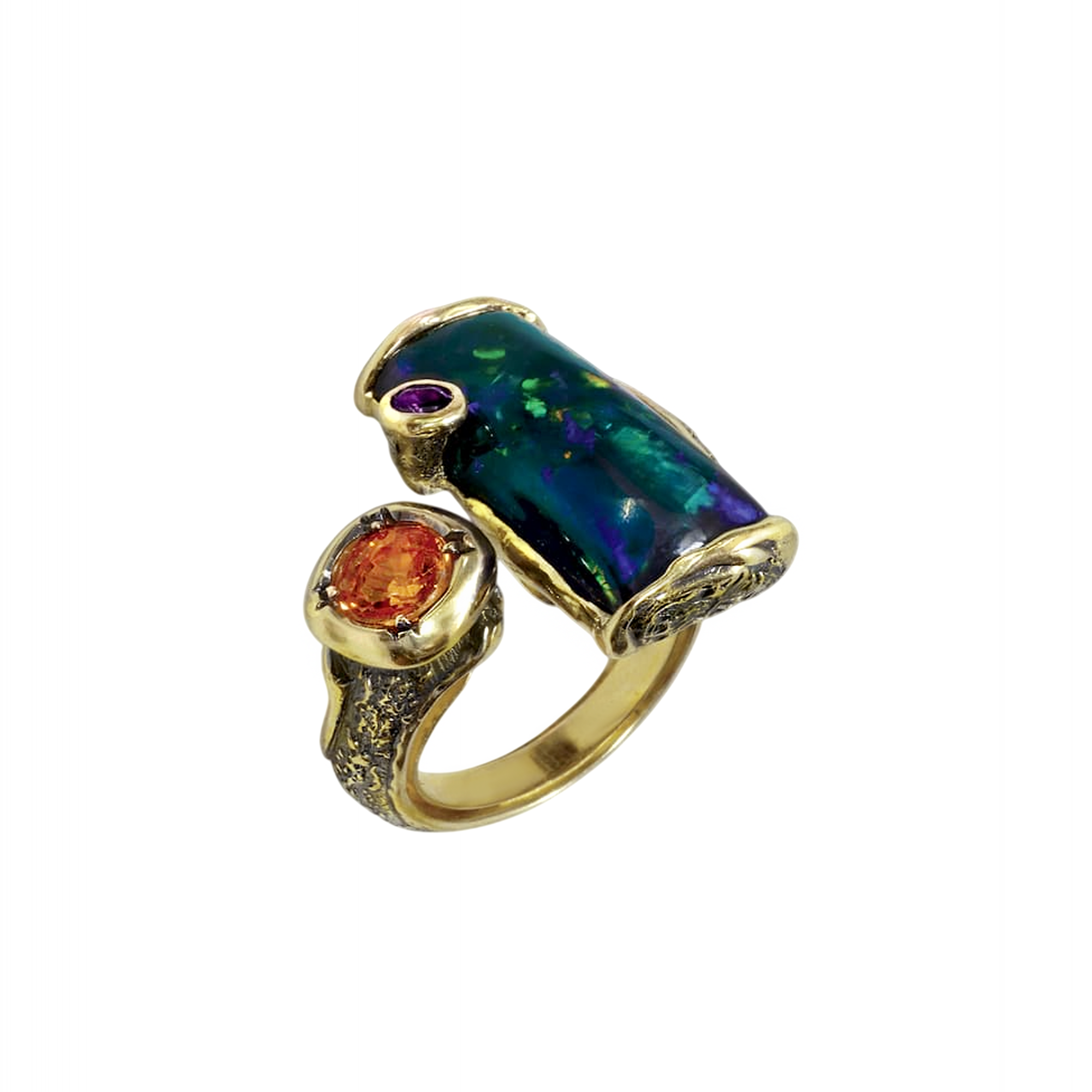 Кольцо с черным опалом и спессартином