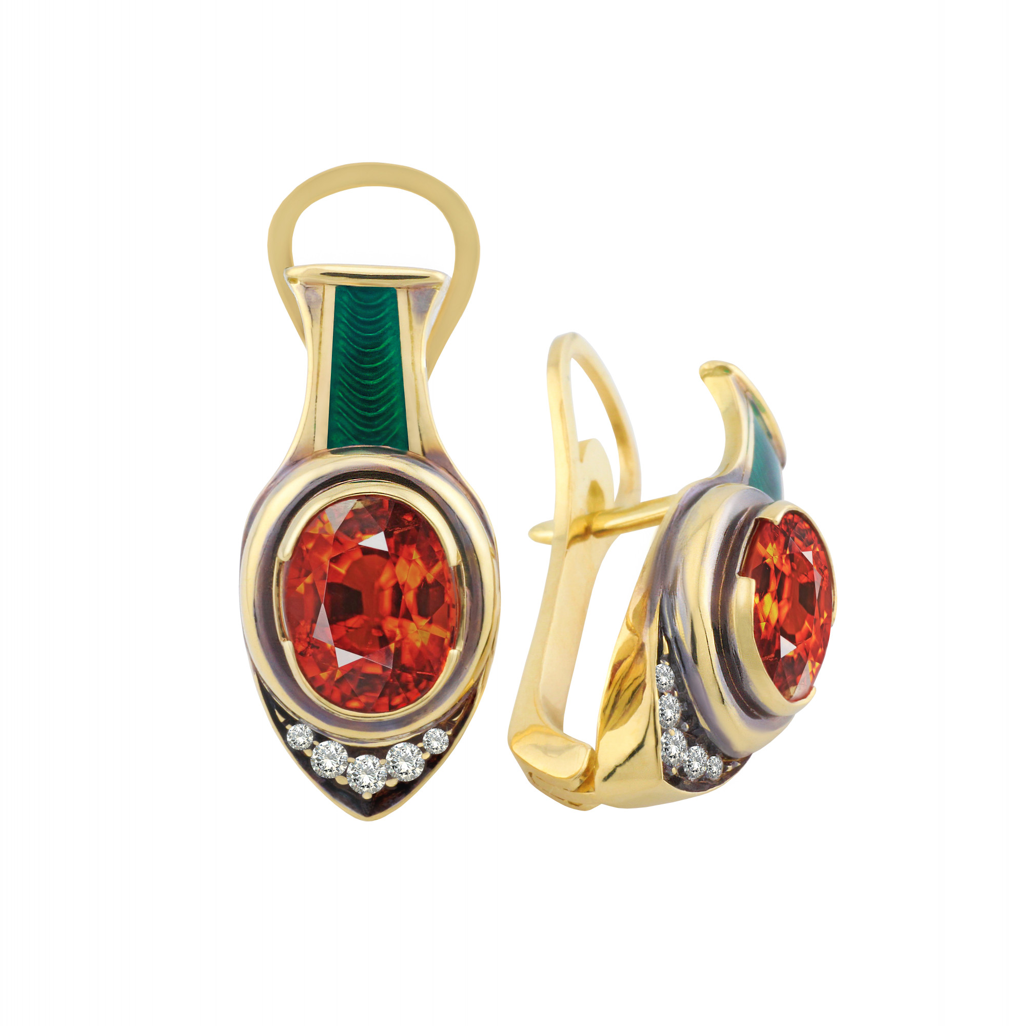 Серьги со спессартинами и эмалью